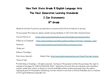 Preview of NYS Next Generation "I Can Statements" - Grade 8 - ELA - Planbook List