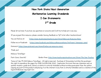 Preview of NYS Next Generation Learning Standards - I Can Statements - 1st Grade Math