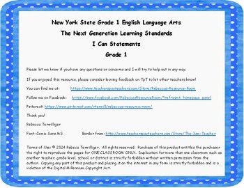 Preview of NYS Next Generation Learning Standards - I Can Statements - Grade 1 ELA