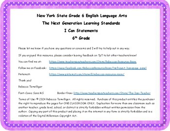 Preview of NYS Next Generation Learning Standards - I Can Statements - Grade 6 ELA