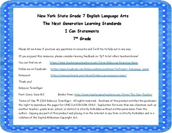 Preview of NYS Next Generation Learning Standards - I Can Statements - Grade 7 ELA