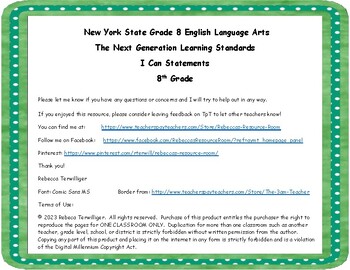 Preview of NYS Next Generation Learning Standards - I Can Statements - Grade 8 ELA