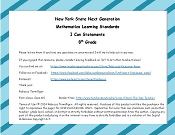 Preview of NYS Next Generation Learning Standards - I Can Statements - Grade 8 Math