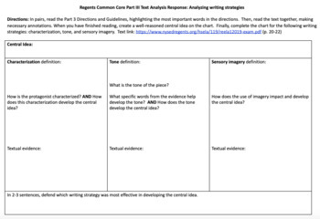 Preview of NYS Regents ELA Common Core Part 3 Practice: Writing Strategy Chart