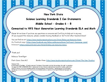 Preview of NYS Science Standards "I Can Statements"- MS - Gr. 6 - 8 -Connected with NYSNGLS