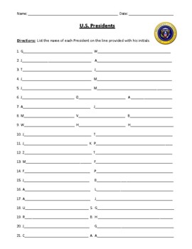 Preview of Name Our U.S. Presidents: Worksheet or Test Fill-In and Comprehensive Answer Key