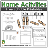 Name Activities for Kindergarten: Free Editable Printables