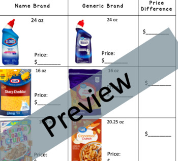 Preview of Name Brand vs. Generic Brand Price Difference Calculation Life Skills+Freebie