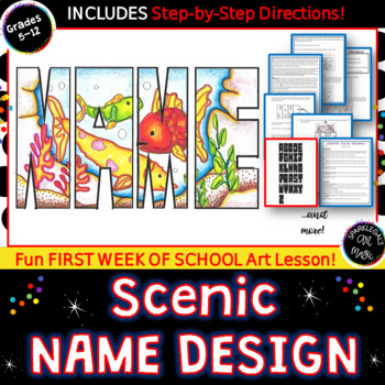 Preview of Middle School Drawing Block Letters with Landscape Scene- Art Folder Name Design