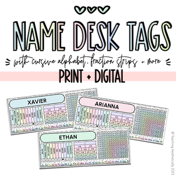 Preview of Name Desk Tags | Cursive Letters, Fraction Strips, Multiplication Table, Place V
