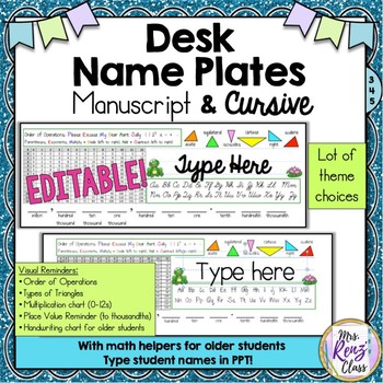 Preview of Desk Name Plates -Cursive & Manuscript with Math Helpers Desk Name Tags Editable
