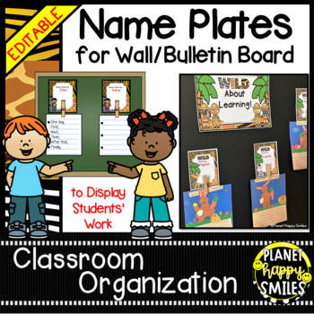 Preview of Name Plates to Display Student Work (EDITABLE) - Jungle or Safari Theme