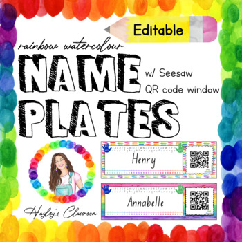 Preview of Name Plates w/ Seesaw QR code window Rainbow Watercolour Decor Classroom Display