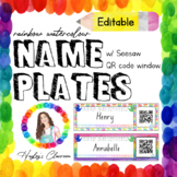 Name Plates w/ Seesaw QR code window Rainbow Watercolour D