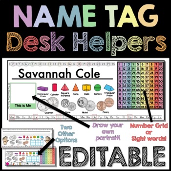 Preview of Name Tag Desk Helpers | Second and Third Grade | Desk Name Plates | Number Grid