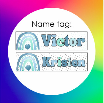 Preview of Name Tag for Seating Arrangements: Blue Hued Rainbow & Bubble Letters