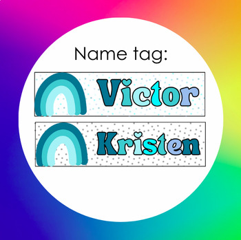 Preview of Name Tag for Seating Arrangements: Blue Ombre Rainbow & Bubble Letters