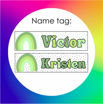 Preview of Name Tag for Seating Arrangements: Green Hued Rainbow & Bubble Letters