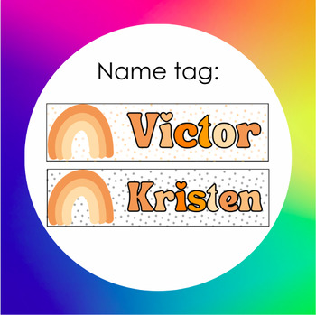 Preview of Name Tag for Seating Arrangements: Orange Hued Rainbow & Bubble Letters