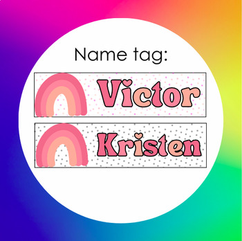 Preview of Name Tag for Seating Arrangements: Pink Hued Rainbow & Bubble Letters