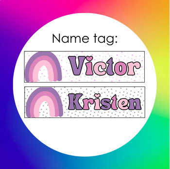 Preview of Name Tag for Seating Arrangements: Purple Hued Rainbow & Bubble Letters
