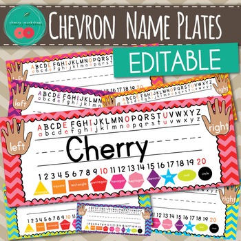 Preview of Name Tags With Alphabet Numbers and Shapes | Bright Chevron | Name Plates 