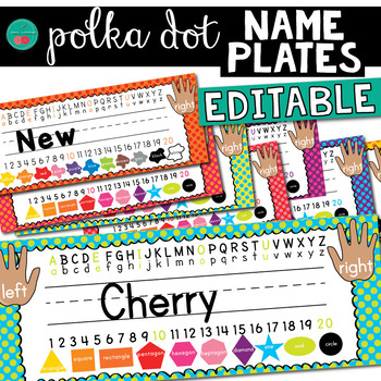 Preview of Name Tags With Alphabet Numbers and Shapes | Polka Dot | Name Plates 