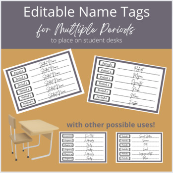 Preview of Name Tags for Desks for Multiple Periods - Black & White Design