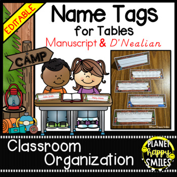 Preview of Name Tags for Student Desks (EDITABLE) - Camping Theme
