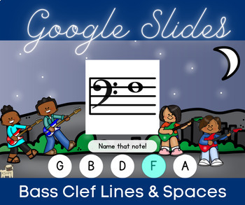 Preview of Name That Note! Bass Clef Lines & Spaces, Musical Literacy, 30 Google Slides!