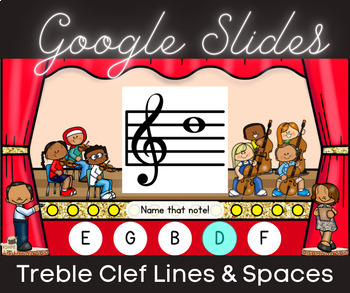 Preview of Name That Note! Treble Clef Lines & Spaces, Musical Literacy, 30 Google Slides!