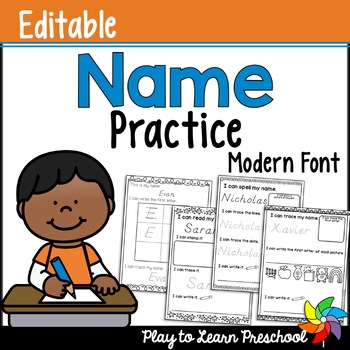 Preview of Name Practice Sheets Editable Literacy Worksheets Modern Font