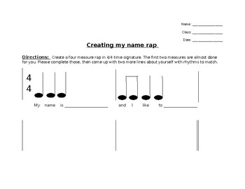 Name rap worksheet (simple) by Miss LaBarge s K 8 Music Resource