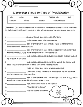 Preview of Weather Freebie -Name that Cloud or Precipitation-2 pg worksheet with answer key
