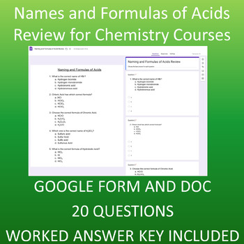 Preview of Names and Formulas of Acids: 20 Question Review for Chemistry Courses
