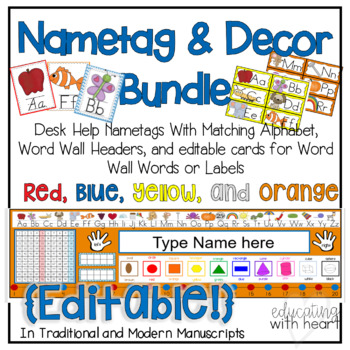 Preview of Nametag and Decor Bundle: Editable Nametags/ name plates, Alphabet, and Wordwall