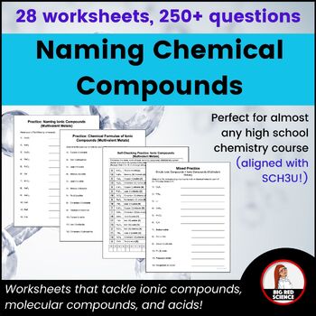 Preview of Naming Chemical Compounds Worksheets (Ionic, Molecular, Acids) - SCH3U