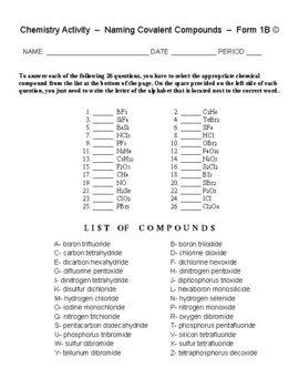 Naming Covalent Compounds Chemistry Matching Worksheet Form B