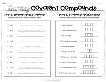 Naming Covalent Compounds Worksheet For Review Or Assessment Tpt