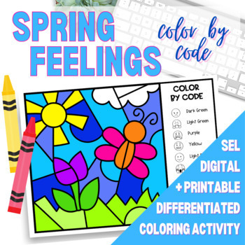 Preview of Naming Feelings Color by Code FLOWERS Spring Digital and Printable Activity