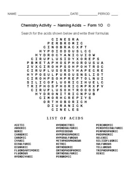 Naming Inorganic Acids - Word Search Worksheet - Form 1O by Ceres Science