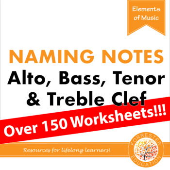 Preview of Naming Notes Worksheets - Treble, Bass, Alto and Tenor Clef