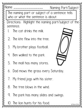 Naming Parts (Subjects) of Sentences by Samantha White | TpT