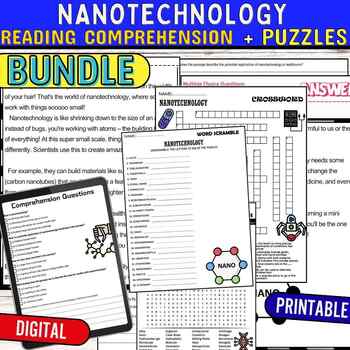 Preview of Nanotechnology Worksheets Reading Comprehension Puzzles,Digital & Print BUNDLE