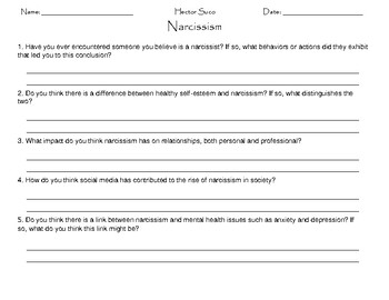 Preview of Narcissism Worksheet: Identify, Awareness, & Navigating To Personal Development