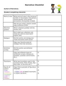 Preview of Narrative Checklist - Peer Revision or Revise your own story!