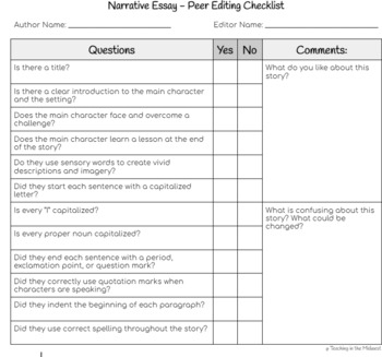 Preview of Narrative Essay - PEER Editing Checklist