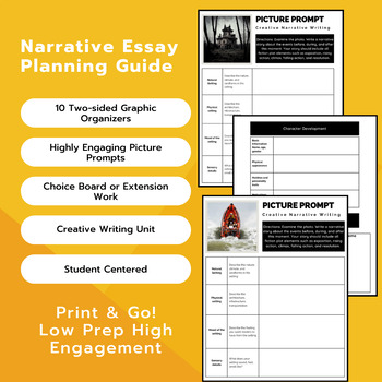 Preview of Narrative Essay Planning Guide with Engaging Picture Prompts
