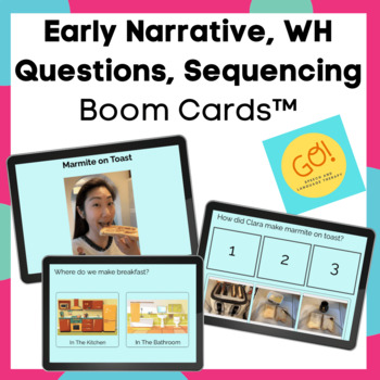 Preview of Narrative Language, WH-Questions, Sequencing Boom Cards™ for Speech Therapy