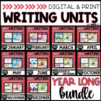 Preview of Digital Writing Prompts & Templates | Monthly Writing Prompts Year Bundle